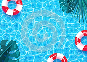 Summer pool vector background. Swimming pool texture, red and white ring float, palm monstera leaves illustration. Copy