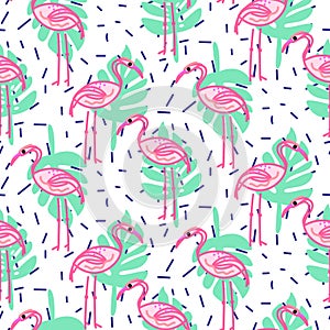 Summer pop art flamingo and palm tropic branches seamless pattern.