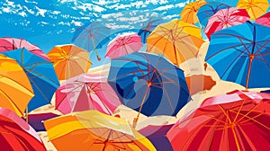summer pop art illustration background with colorful beach umbrellas, ideal for a lively design concept with a bright