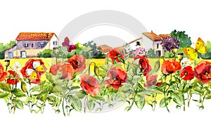 Summer poppies flowers, butterflies, provencal houses. Floral border. Watercolor repeated frame stripe