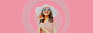 Summer portrait of happy cheerful young woman with fresh juicy fruits, lollipop or ice cream shaped slice of watermelon wearing