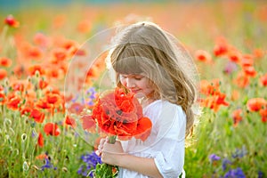 Summer portrait little beauty girl with wild flowers bouquet