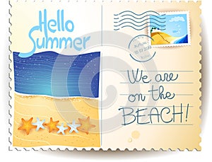 Summer postacard with seascape, text, stamp and postmark