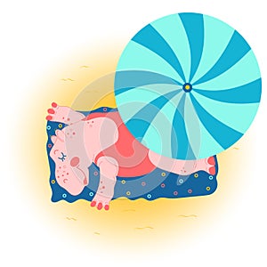 A summer postcard in a flat style with a picture of a cute hippo on the beach.