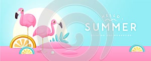 Summer poster with 3D plastic tropic fruits, leaves and flamingo. Summer background.