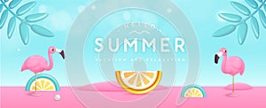 Summer poster with 3D plastic tropic fruits, leaves and flamingo. Summer background.