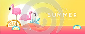 Summer poster with 3D plastic tropic fruits, leaves and flamingo. Summer background.