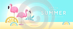 Summer poster with 3D plastic tropic fruits, leaves and flamingo. Summer background.