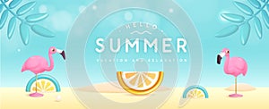 Summer poster with 3D plastic tropic fruits, leaves and flamingo. Summer background.