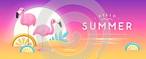 Summer poster with 3D plastic tropic fruits, leaves and flamingo. Summer background.