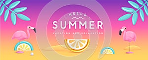 Summer poster with 3D plastic tropic fruits, leaves and flamingo. Summer background.