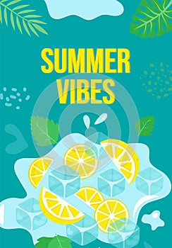 summer poster with mint leaves, citrus fruits and ice cubes, summer vibe flyer photo