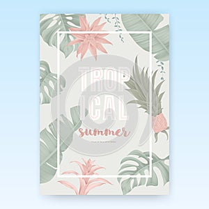Summer poster template design, tropical green leaves on light green background