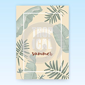 Summer poster template design, tropical green leaves on light orange background