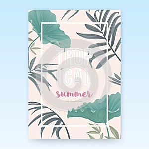 Summer poster template design, tropical green leaves on light pink background