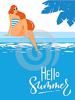 Summer poster with young woman in a swimming pool