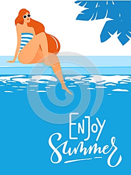 Summer poster with young woman in a swimming pool