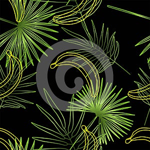 Summer print of exotic plants jungle tropical palm leaves. Banana. Pattern, seamless floral vector on a black background.Nature