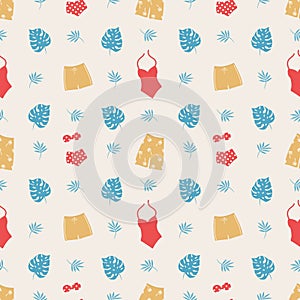Summer print. Seamless pattern with red and yellow swimsuits, blue tropical leaves