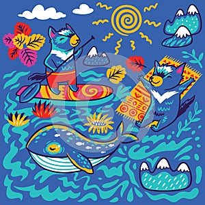 Summer print with whale and Tasmanian devil characters in decorative ornamental style. Vector illustration