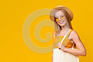 Summer Promo. Beautiful Teen Girl In Hat And Sunglasses Smiling At Camera