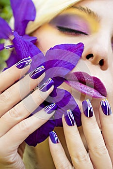 Summer purple yellow makeup and manicure .