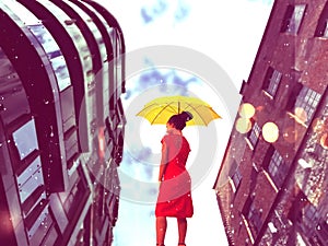 summer rain city woman with umbrella walk on street big building windows vitrines blurred light ,urban lifestyle