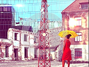 summer rain city woman with umbrella walk on street big building windows vitrines blurred light ,urban lifestyle