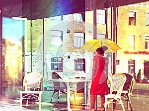 summer rain city woman with umbrella walk on street big building windows vitrines blurred light ,urban lifestyle