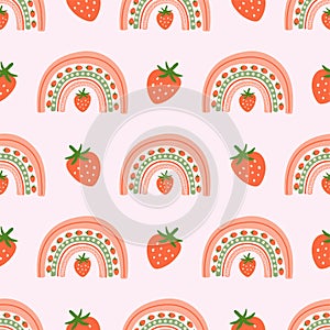 Summer rainbow pattern. Pink strawberry pattern. Summer berry fruit rainbow seamless background. Cute print