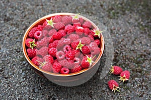 Summer raspberries with peduncles in bowl on dark grey stone background.