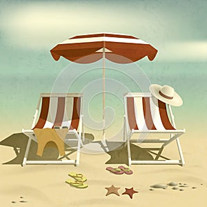 Summer. Recliners and Beach umbrella. Beach sand