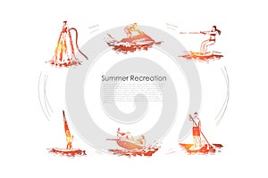 Summer recreation - flyboarding, water skiing, paddle boarding, sailing, jet ski vector concept set