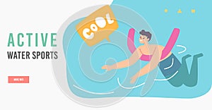 Summer Recreation in Ocean or Lesson Landing Page Template. Little Boy Learning to Swim Floating on Bar in Swimming Pool