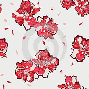 Summer red floral seamless pattern with Japanese cherry blossom florals, flowers of the sakura. Oriental style. Vector