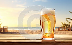 Summer refreshing beer with a beach background and free space for your decoration. cool refreshing alcoholic drink.