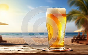 Summer refreshing beer with a beach background and free space for your decoration. cool refreshing alcoholic drink.