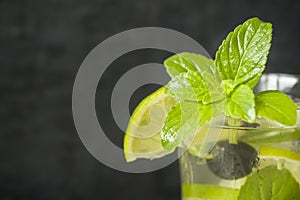 Summer refreshing drinks lemonade or cocktail Mojito with lime fresh mint blueberry ice. Dark background Copy space