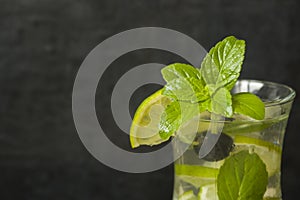 Summer refreshing drinks lemonade or cocktail Mojito with lime fresh mint blueberry ice. Dark wall