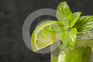 Summer refreshing drinks lemonade or cocktail Mojito with lime fresh mint blueberry ice. Light table, Dark wall