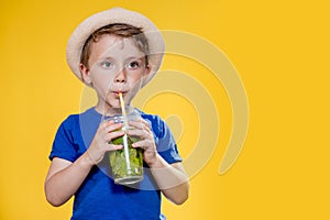 Summer refreshment. Cold beverage. Little boy with plastic cup of fresh lemonade