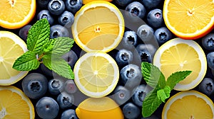 Summer Refreshment Lemonade with Fresh Lemon, Orange, Blueberries, and Mint Leaves on a Vibrant Background. created with