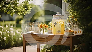 Summer Refreshment. Lemonade Pitcher, Fresh Oranges, And Flowers On A Wooden Table. Generative AI