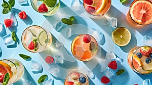 Summer Refreshments: Colorful Array of Fruit-Infused Waters. Bright, Vibrant, Perfect for Wellness and Lifestyle Themes