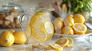 summer refreshments, on a marble countertop are freshly squeezed lemons and a pitcher of lemonade, all set to be enjoyed