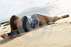 Summer Relaxation. Holidays Travel Vacation. Woman On Beach.