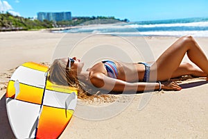 Summer Relaxation On Holidays Vacation. Healthy Woman On Beach.