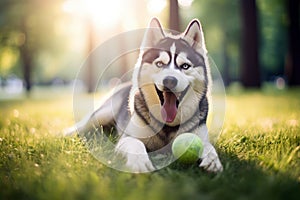 Summer relaxation: husky in repose with tennis ball on green park lawn, obedient and content