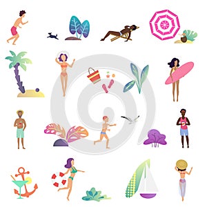 Summer relaxing people and leisure activity in the ocean beach icons set. Modern gradient flat design vector