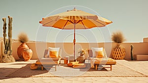 Summer resort on beach with sun beds and umbrellas. Luxury lounge chair in hotel. AI generated interior